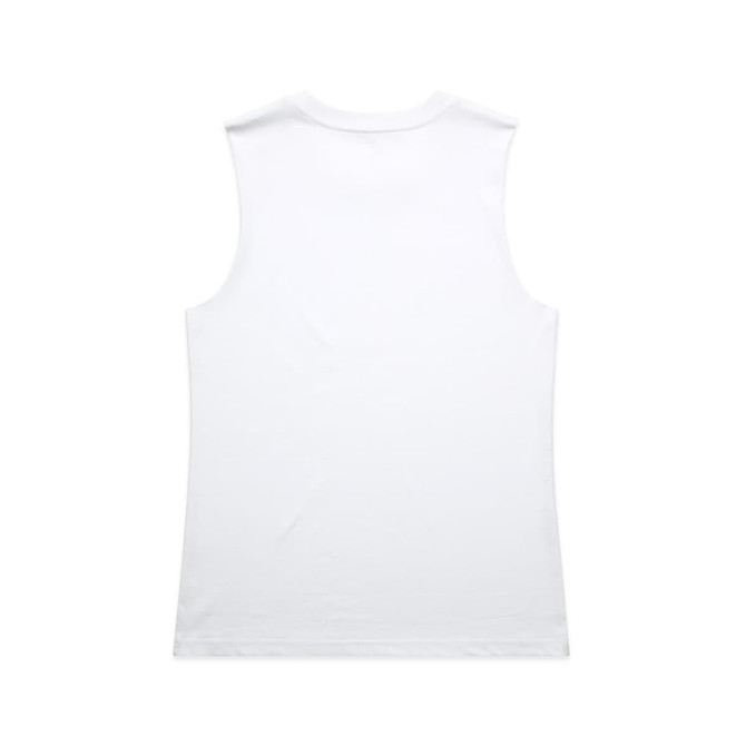 A white sleeveless tank top featuring a simple design and a branding logo.