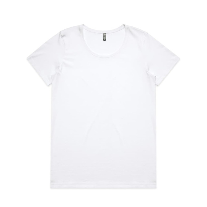 A white women's T-shirt with a round neckline and short sleeves. It features a small logo at the neck.