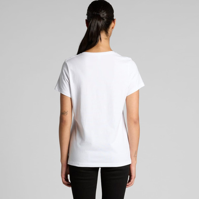 A white V-neck t-shirt with a casual fit and a logo on the back.