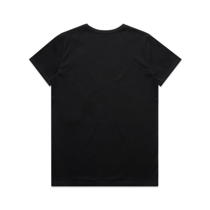 A black V-neck T-shirt with a plain back, featuring a minimalistic design and a logo.