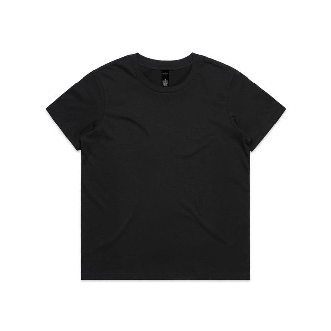 A black t-shirt with a standard crew neck and short sleeves, featuring a logo on the label.