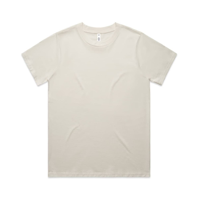 A plain cream-coloured T-shirt, short-sleeved, featuring a round neck and a logo on the label.
