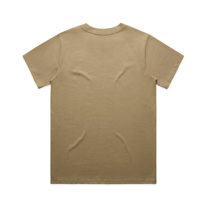 A beige T-shirt featuring a crew neck and short sleeves, with a logo present on the back.