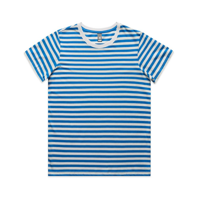 A striped blue and white T-shirt with a round neckline and a logo.