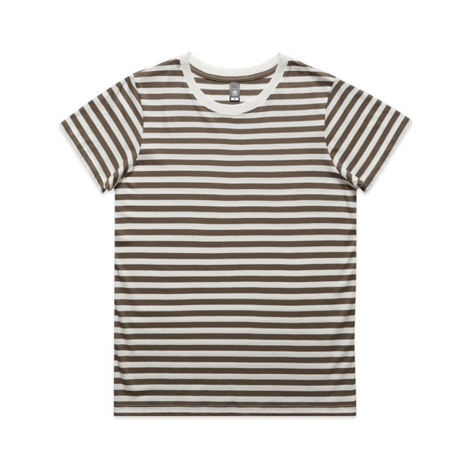 A striped t-shirt in brown and white, featuring a round neckline and short sleeves. It has a branding label on the neck.