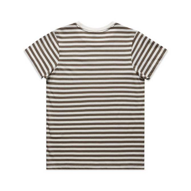 A striped t-shirt featuring a pattern of brown and white horizontal stripes, with a crew neck design and short sleeves.