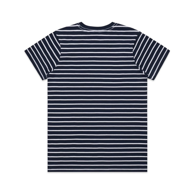 A navy and white striped T-shirt featuring a back view. Includes a branding logo.