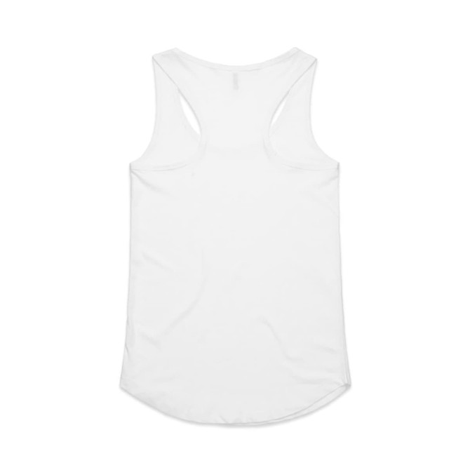 A white racerback singlet featuring a rounded hem and a logo on the back.