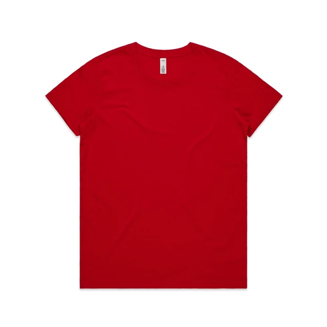 A red T-shirt with a simple design, featuring a logo on the label.