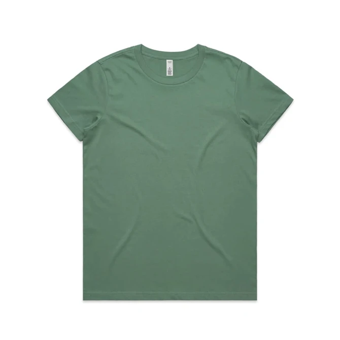 A green basic tee with a round neckline and short sleeves, featuring a brand logo.