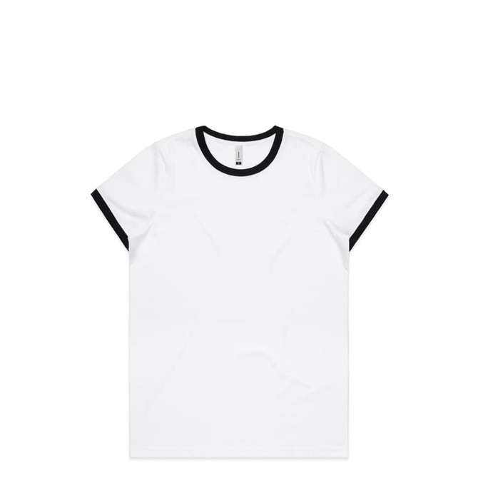 A white T-shirt with black ringer sleeves and a round neckline. The shirt features a logo.