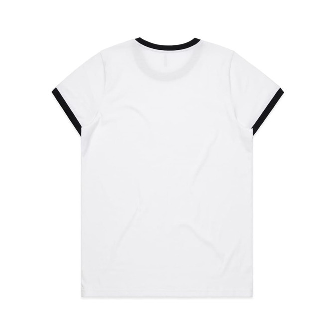 A white T-shirt with black ringer details around the collar and sleeves, featuring a logo.