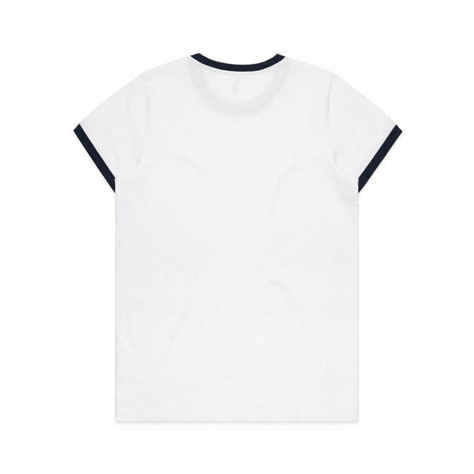 A white T-shirt with a navy blue collar and sleeve trim, featuring a logo.