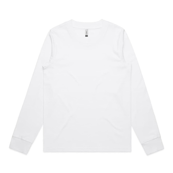 A long-sleeve white T-shirt featuring a logo. The shirt has a classic crew neck design.