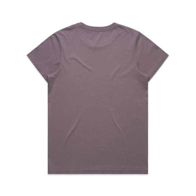 A purple tee shirt with a simple design and no visible branding displayed from the back.
