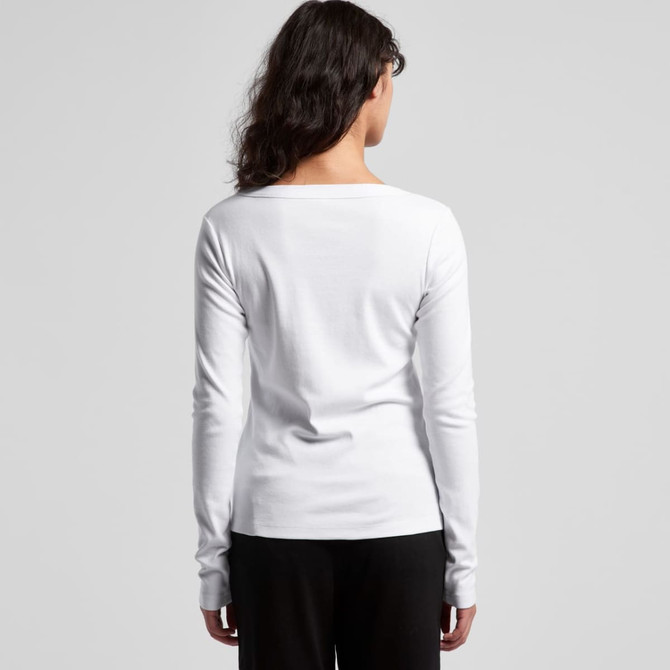 A white long-sleeve tee with a relaxed fit, featuring a simple design and a logo on the back.