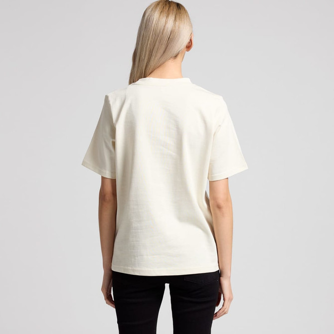 A short-sleeved cream t-shirt displayed from the back, featuring a relaxed fit and a branding logo.