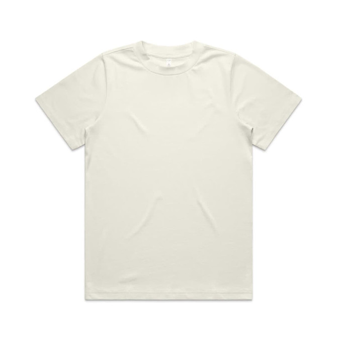 A plain, cream-coloured T-shirt with a round neck and short sleeves. It features a logo on the label.