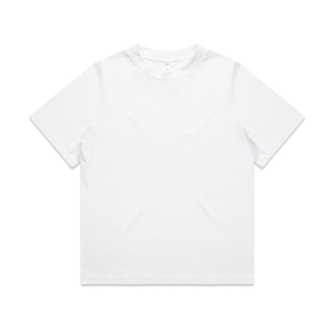 A white heavy t-shirt featuring a simple design and a logo on the side.