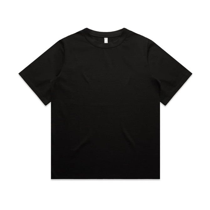 A black heavy tee with a classic round neck design. The shirt has a label tag and no visible logos.