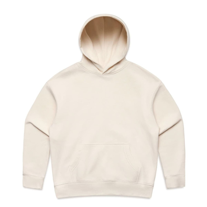 A cream-coloured hoodie featuring a front pocket and a hood. It has a logo on it.