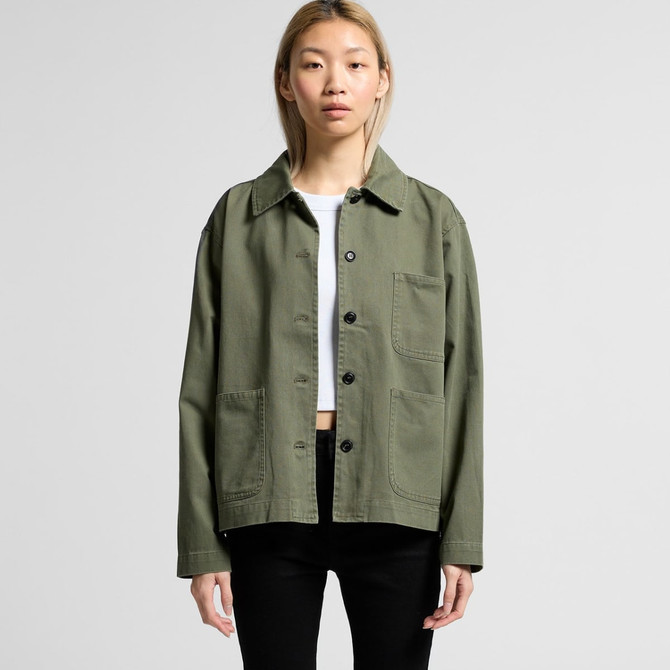 A casual green chore jacket with a collar, featuring two front pockets and a relaxed fit.