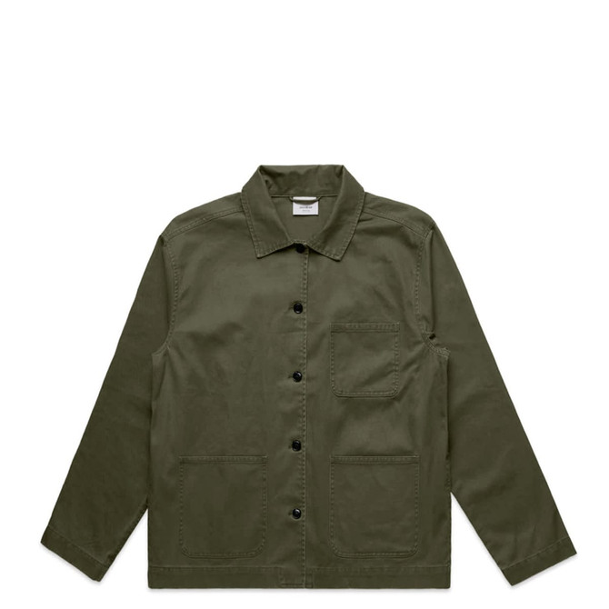An olive green chore jacket featuring a collar, front buttons, and multiple pockets. It has a logo on the label.