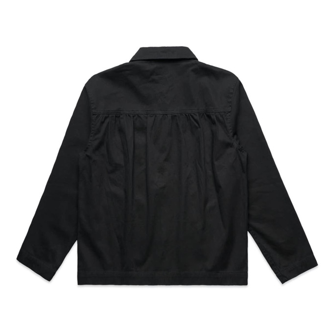 A black chore jacket with a pleated back and a collar, featuring long sleeves and a simple design.
