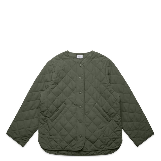 A quilted jacket in olive green featuring a round neckline, button closure, and side pockets. The jacket has a logo.