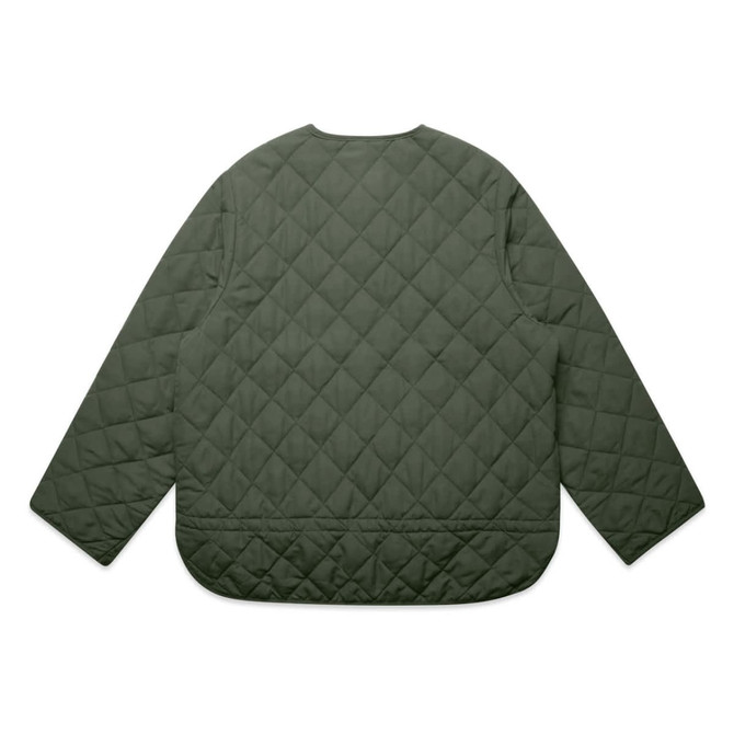 A green quilted jacket with a round neckline and long sleeves, featuring a diamond pattern. It has a logo on the back.
