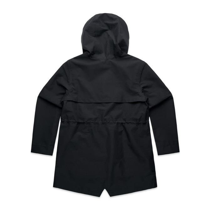 A black soft shell jacket with a hood and a back ventilation panel, featuring long sleeves and a simple design.