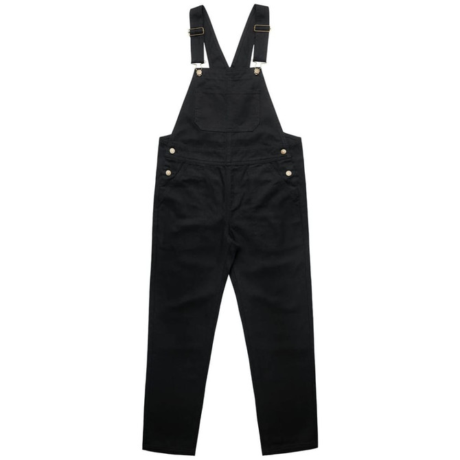 Black canvas overalls with adjustable straps and front pocket, featuring brass hardware.