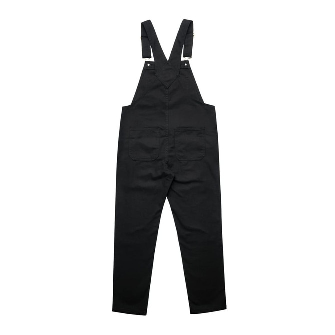 Black canvas overalls with adjustable straps and multiple pockets. Features a logo on the back.
