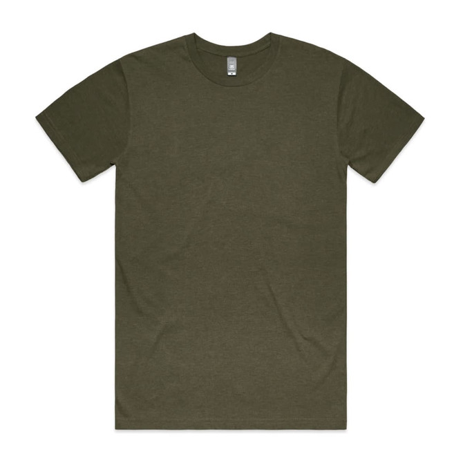 An olive green T-shirt with a crew neck and short sleeves, featuring a label inside.