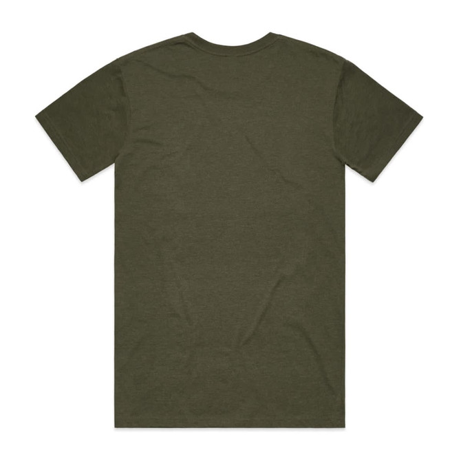 An olive green t-shirt with a plain back view and a logo on the label.