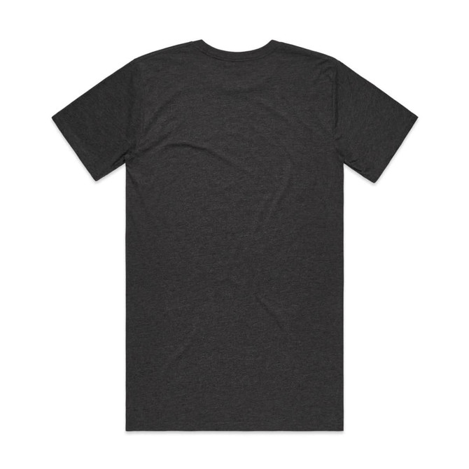 A dark grey T-shirt with a plain back design, featuring a logo or branding on the label.