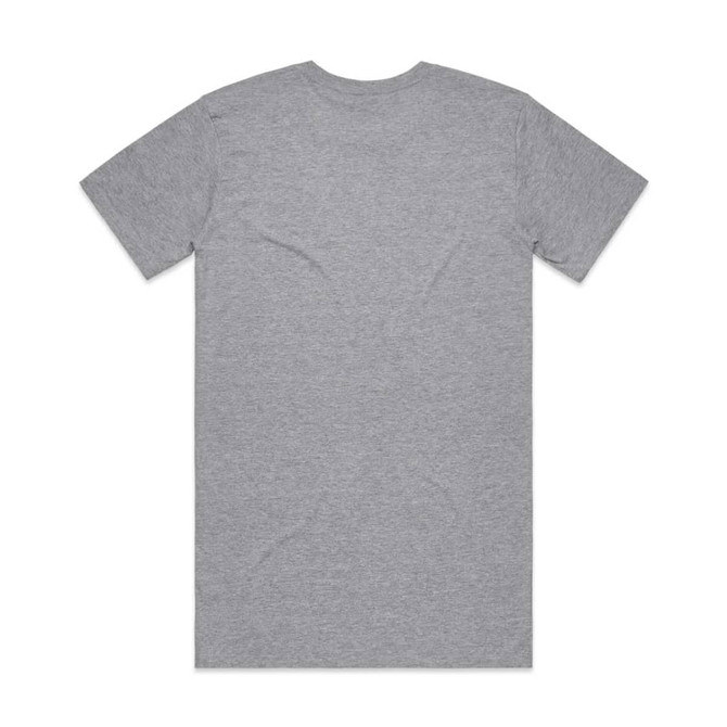 A grey t-shirt featuring short sleeves and a simple design, with a logo on the back.