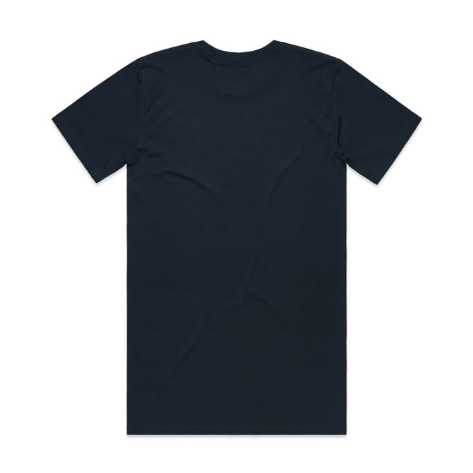 A dark navy T-shirt with short sleeves and a plain back, featuring a branding logo.