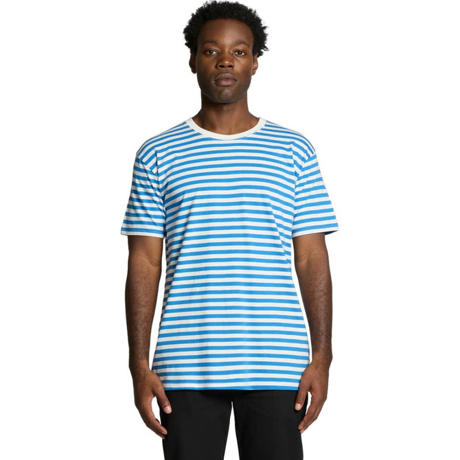 A striped T-shirt featuring blue and white stripes, with a crew neckline and a logo featured.
