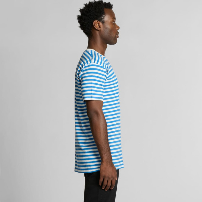 A side view of a blue and white striped t-shirt, featuring a logo on the garment.