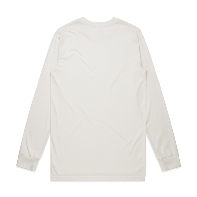 A long-sleeve organic T-shirt in a light cream colour, featuring a simple design and a small logo.