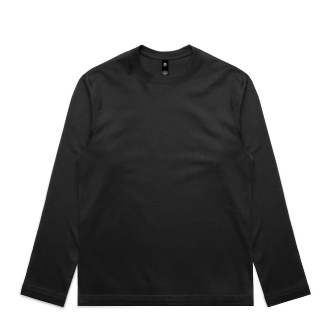 A black long-sleeve t-shirt with a round neckline and a label at the collar. It features a logo.