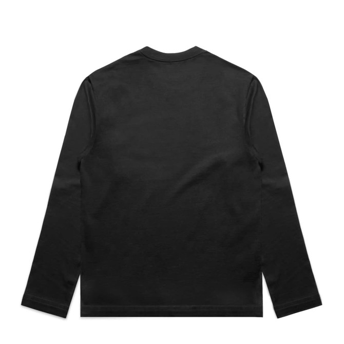 A black long-sleeve T-shirt with a plain back and a logo on the back neckline.