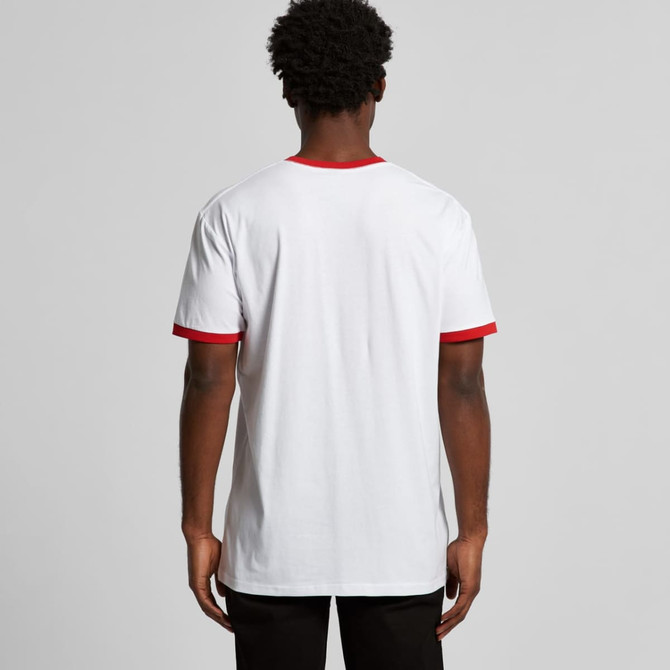 A white T-shirt with red trim on the collar and sleeves, featuring a simple design and no visible logos.