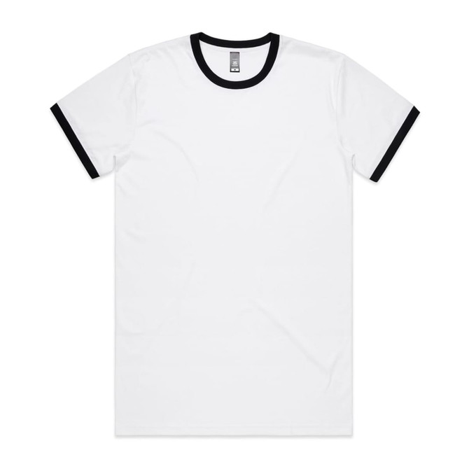 A white T-shirt with black collar and sleeve trims. The shirt features a small logo on the label.