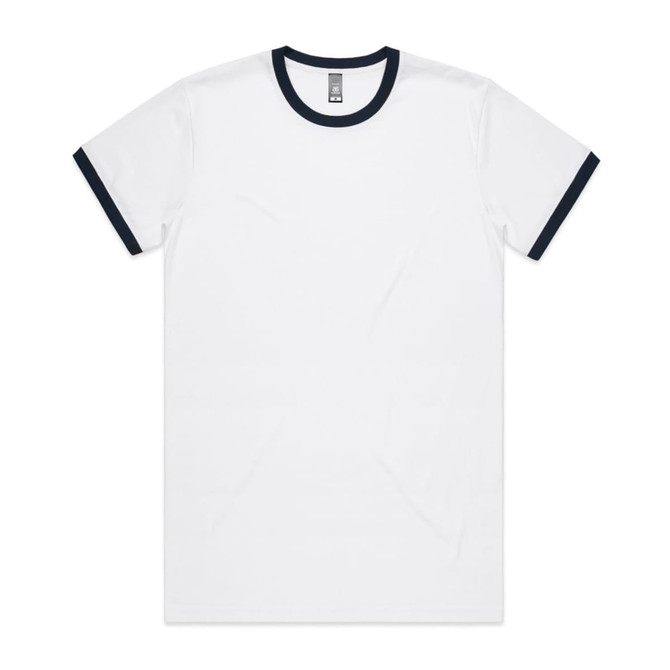 A white T-shirt with a navy blue ribbed collar and sleeve cuffs. It features a logo at the neck.