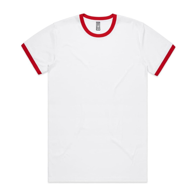 A white T-shirt with red trim around the collar and sleeves. The shirt features a label and branding.