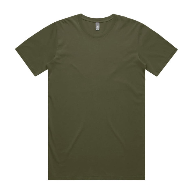 An olive green T-shirt with a classic round neck and short sleeves, featuring a logo on the side.