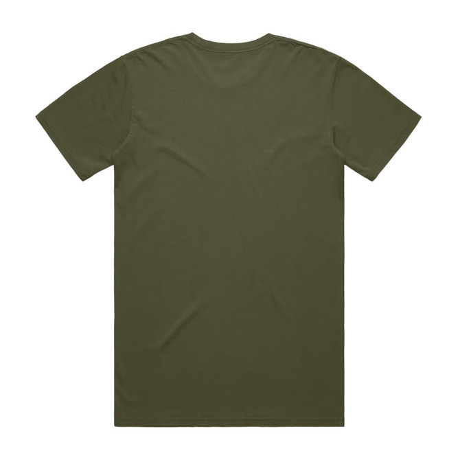 A plain olive green T-shirt with a crew neck and short sleeves, featuring a logo on the back.