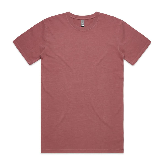 A faded tee in a dusty rose colour with short sleeves and a crew neckline. The shirt features a branding logo.
